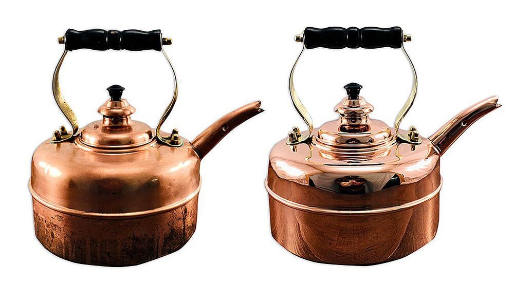 Antique copper tea kettle radiantly restored by Chelsea Plating Company, with enhanced patina and intricate details, symbolizing a fusion of heritage and functionality.