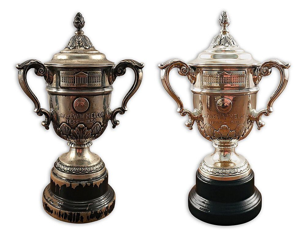 Antique sterling silver trophy before and after the restoration process by Chelsea Plating Company, displaying meticulous repair and a polished finish.