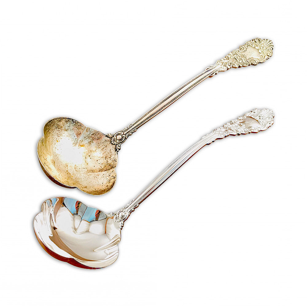  Rediscover the splendor of this restored sterling silver ladle, brought back to its original glory by the experts at Chelsea Plating Company. Through their skillful restoration techniques, this ladle has been meticulously revived, eliminating the signs of age and restoring its inherent beauty. The gleaming silver surface showcases the craftsmanship and attention to detail that defines this exquisite piece. Experience the joy of holding this restored ladle, its flawless curves and refined design a testament to Chelsea Plating Company's restoration prowess. Indulge in the elegance and functionality of this sterling silver treasure, expertly brought back to life.