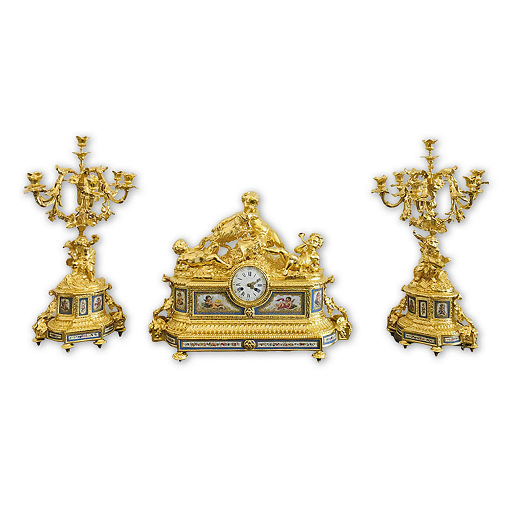 An exquisite French antique mantel set, once dulled by time, now shines with renewed splendor, expertly restored by Chelsea Plating Company. The careful application of 24-karat gold leaf techniques and meticulous attention to each carving and ornate detail reveal the grandeur of a past era. This flawless restoration, reflecting mastery in gilding, gold leafing, and fine art restoration, allows the mantel set to stand as a symbol of Chelsea Plating Company's enduring commitment to elegance and quality.