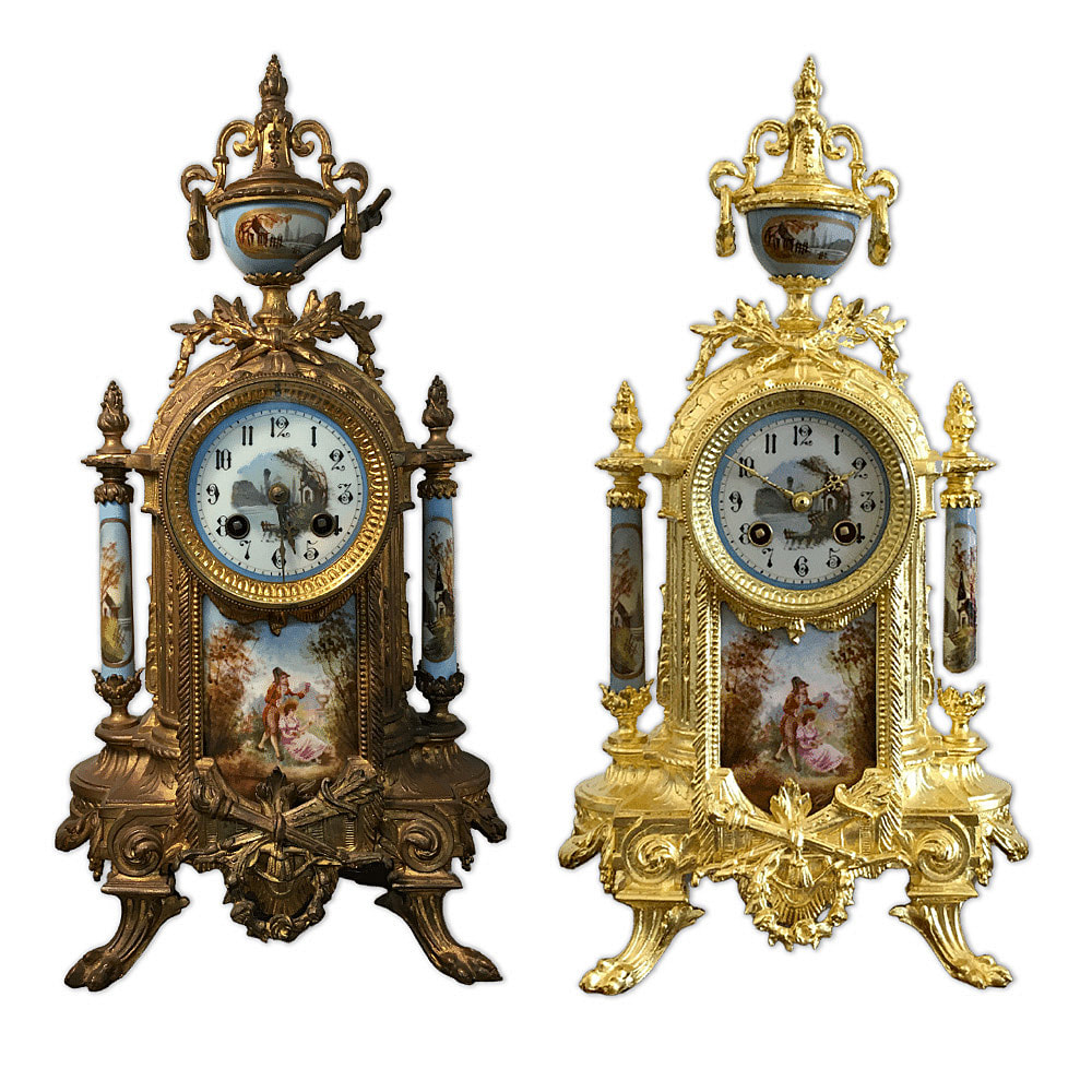Skillfully restored by Chelsea Plating Company, this exquisite French antique mantel clock has been reawakened through the application of 24-karat gold leaf techniques. Each intricate carving and ornate detail has been revitalized, capturing the essence of a bygone era. The masterful gilding, gold leafing, and fine art restoration serve as a testament to Chelsea Plating Company's dedication to preserving the timeless elegance and quality of treasured antiques.