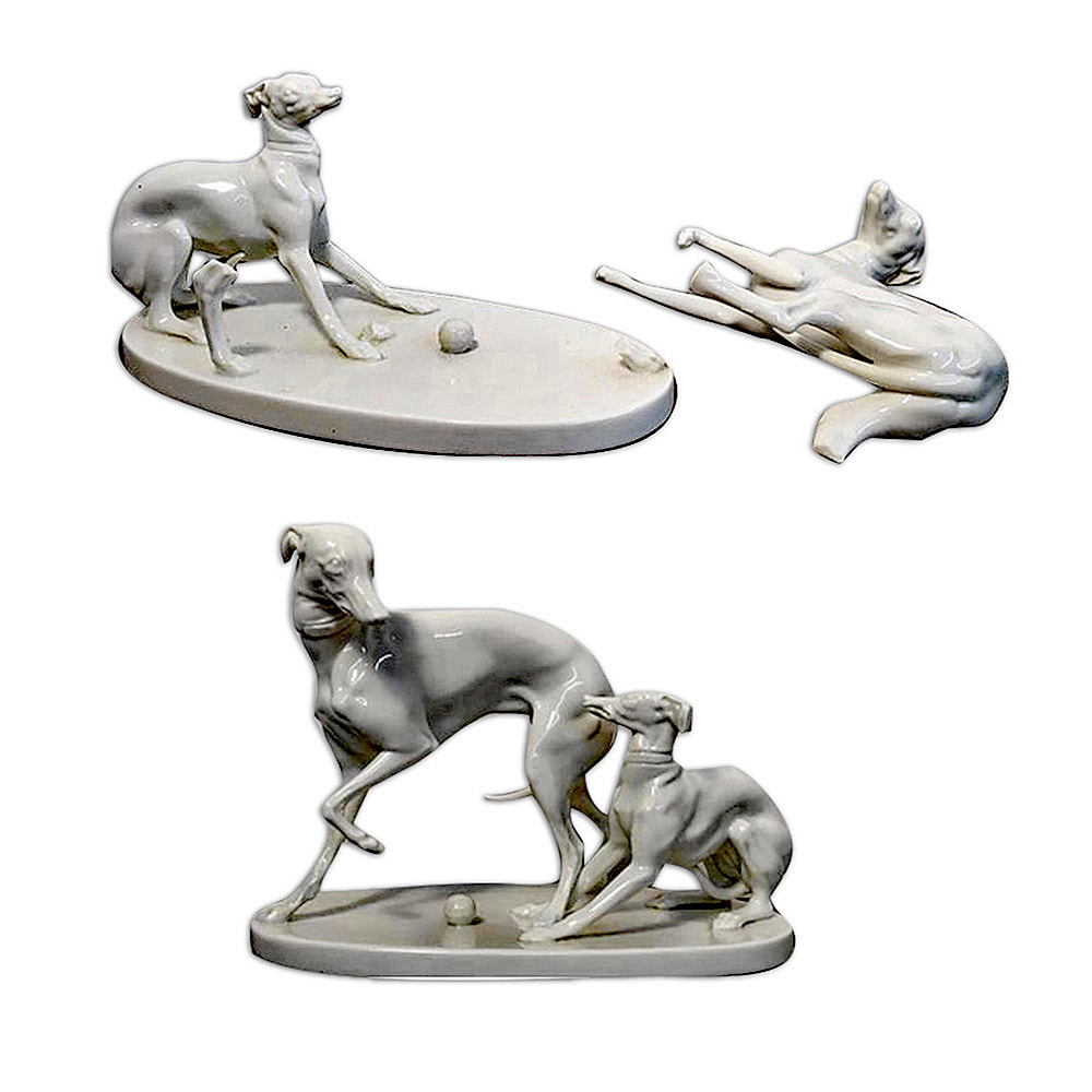 Witness the resplendent resurrection of an antique porcelain figurine depicting two graceful greyhounds, meticulously restored to its original elegance by the skilled artisans at Chelsea Plating Company. Every intricate detail, from the lifelike depiction of the greyhounds to the delicate porcelain texture, has been expertly repaired, breathing new life into this exquisite piece. Marvel at the flawless craftsmanship and timeless allure that now adorns the figurine, a testament to Chelsea Plating Co.'s unrivaled expertise in porcelain restoration. Proudly presenting this resplendent masterpiece, where heritage meets impeccable restoration, captivating admirers with its enduring charm.