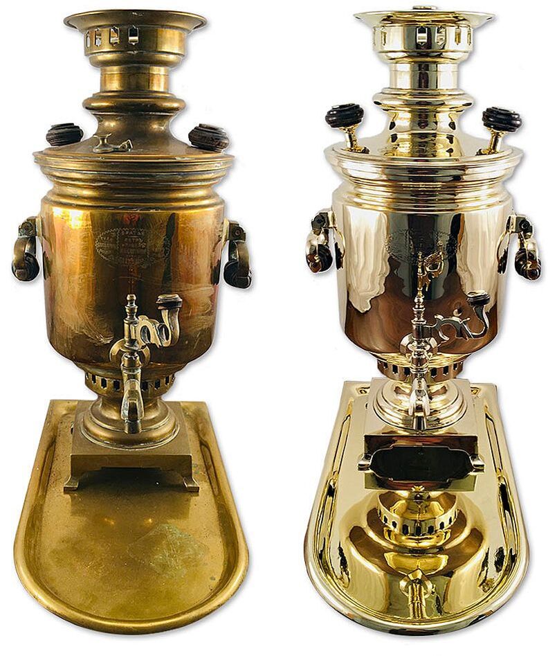 Before and after restoration of Russian Samovar, from tarnished to radiant.