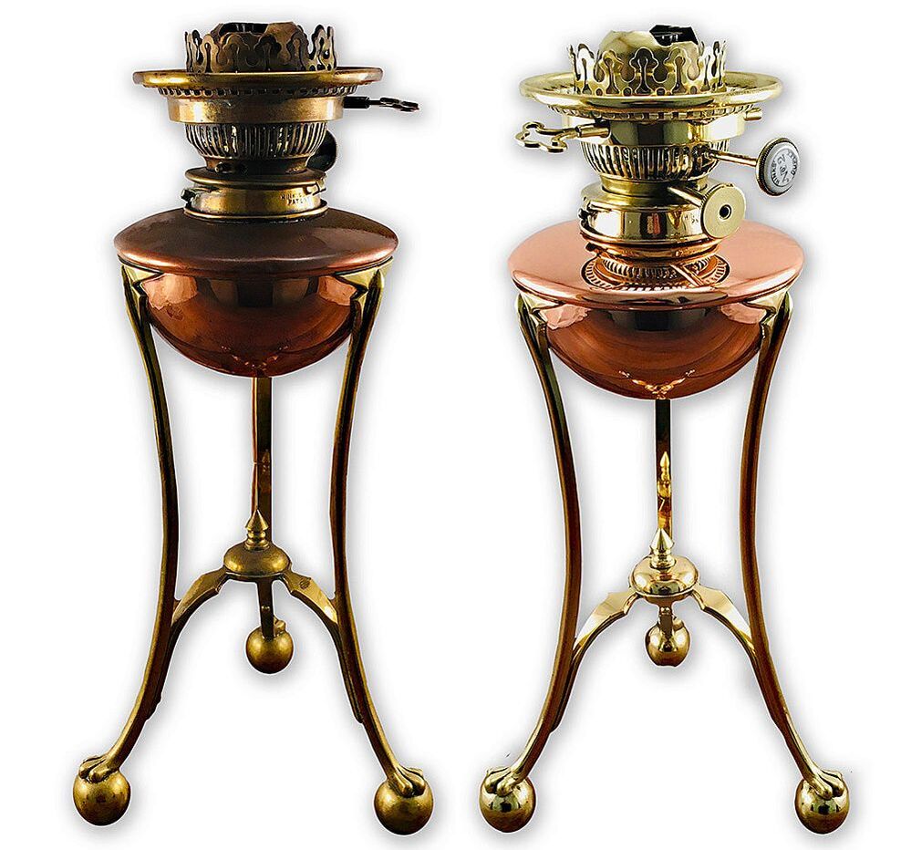 Antique copper and brass oil lamp converted to electric and polished by Chelsea Plating Company, exemplifying their expertise in metal restoration and antique lighting conversion.