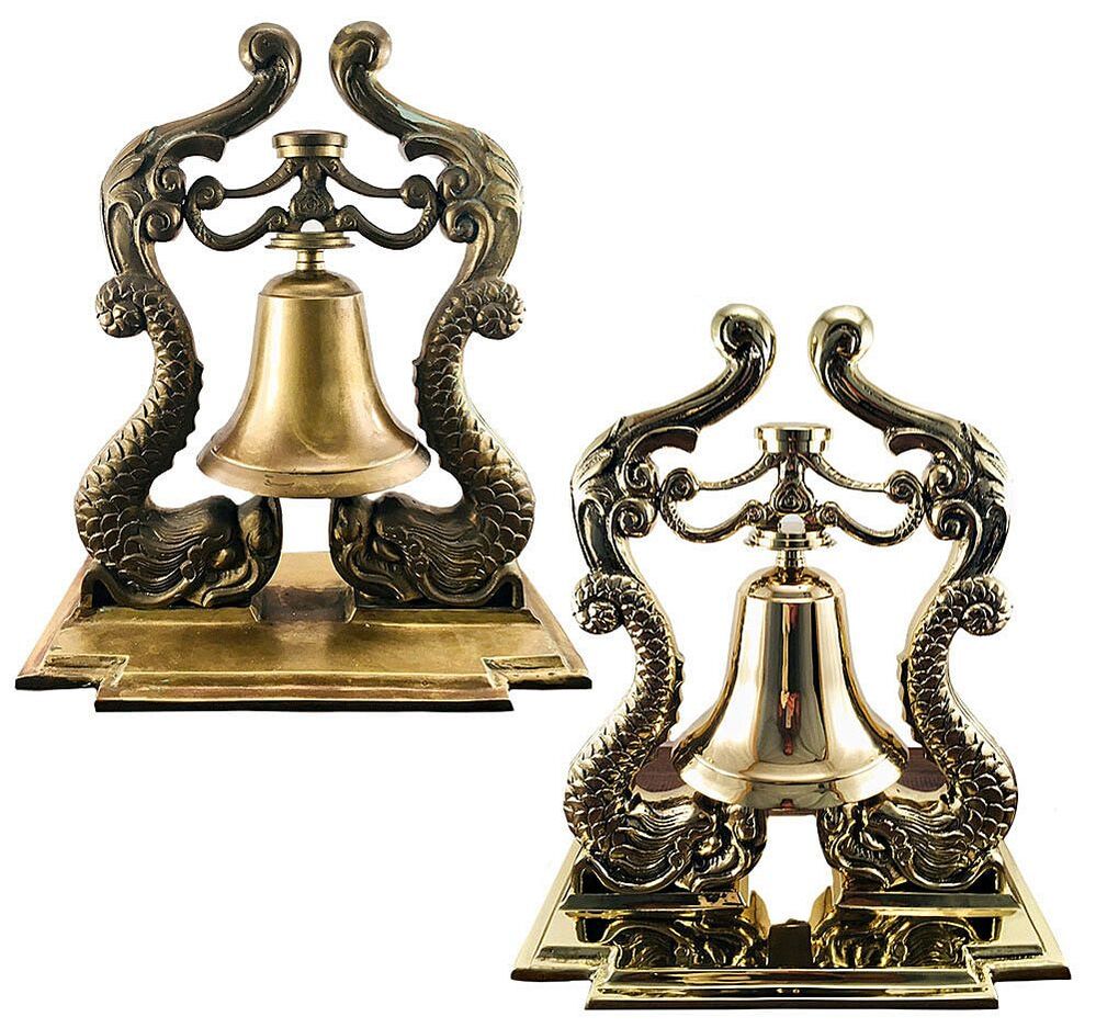 Restored and polished antique brass ship's bell by Chelsea Plating Company, the intricate craftsmanship and luster of the brass koi dragons now fully highlighted.