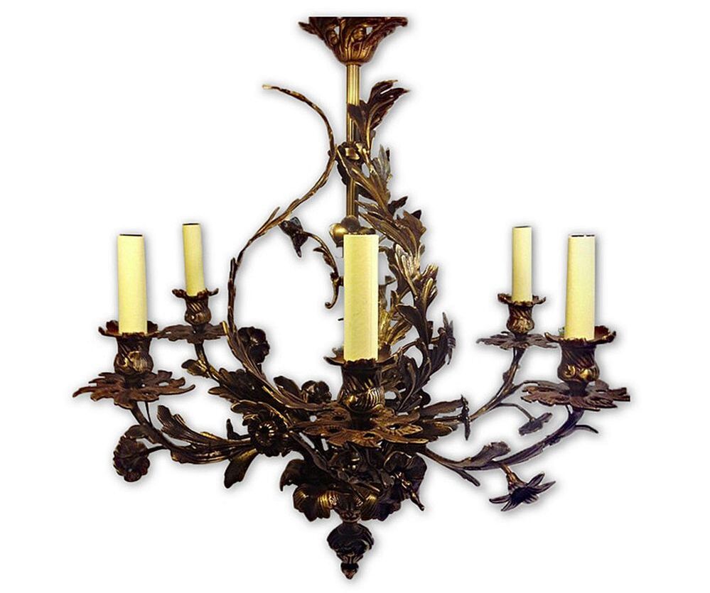 Antique 6-arm brass chandelier refinished in oil rubbed bronze by Chelsea Plating Company, with enhanced details and complete rewiring, embodying classical charm and elegance.