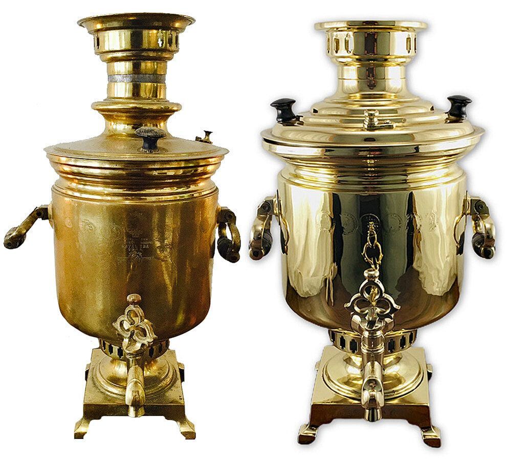 Russian Samovar restoration comparison, from oxidized to polished.