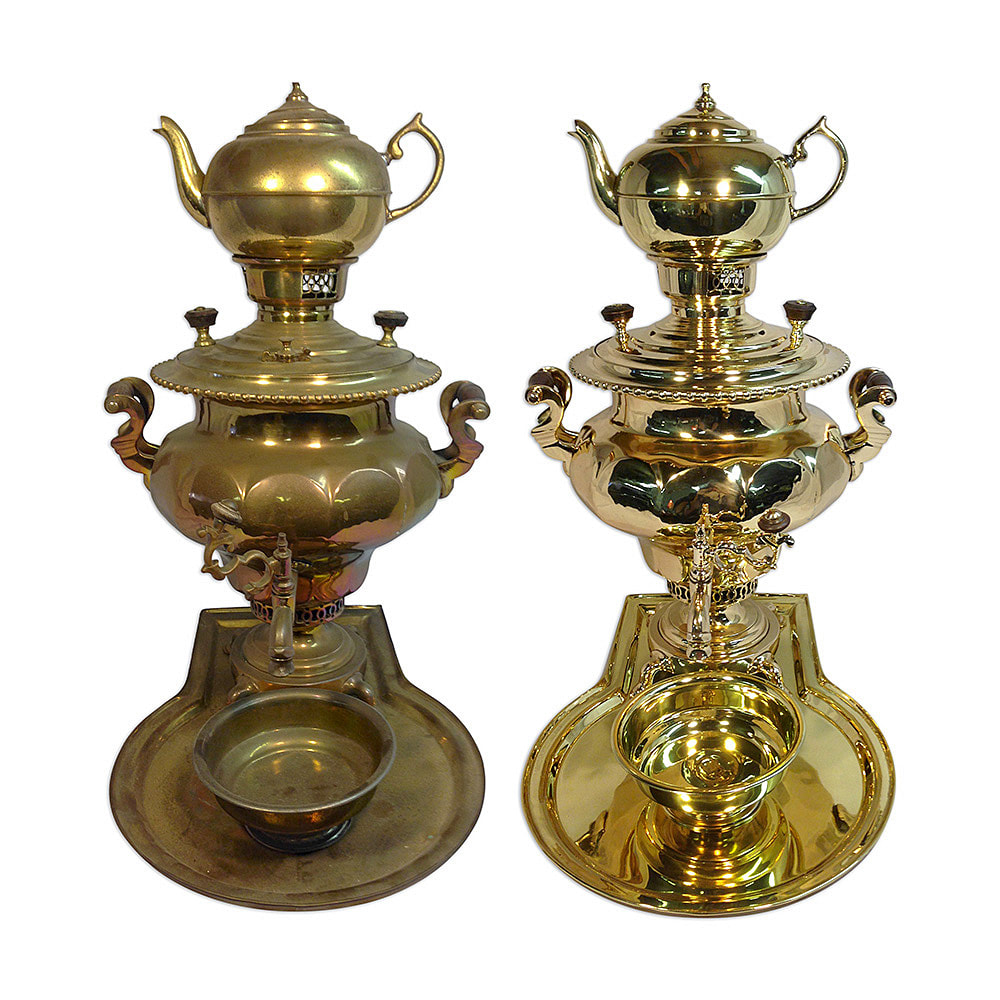 Step into a world of rich heritage with this exquisitely restored antique brass Russian Samovar by Chelsea Plating Company. Delight in the transformation of this treasured piece, radiating with renewed splendor and charm. Immerse yourself in the expert craftsmanship and dedication that has breathed new life into this Samovar, allowing it to continue its journey through time. Appreciate the artistry and cultural significance of this restored Russian Samovar, a testament to Chelsea Plating Company's passion for preserving and honoring our historical legacy.