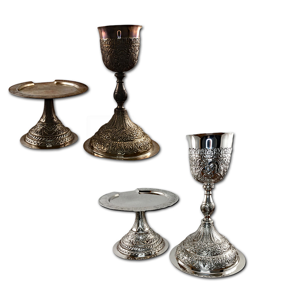 Discover the resplendence of an ornate sterling silver Orthodox Chalice and Paten, lovingly restored by Chelsea Plating Company. With utmost care and expertise in liturgical item restoration, Chelsea Plating Company has brought back the intricate beauty and spiritual significance of this sacred set. Every delicate detail has been diligently repaired and polished, ensuring its dignified presence. Immerse yourself in the sacred aura of this restored Orthodox Chalice and Paten, a shining example of Chelsea Plating Company's unwavering dedication to preserving the sanctity of liturgical items and church altarware.
