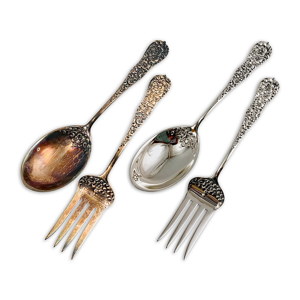Impeccably refurbished set of antique sterling silver serving pieces by Chelsea Plating Company. Witness the radiant beauty and meticulous artistry of this cherished collection, now gleaming with renewed elegance. Rely on the expertise of Philadelphia's renowned restoration workshop, committed to preserving and revitalizing treasured antique sterling silver serving pieces.