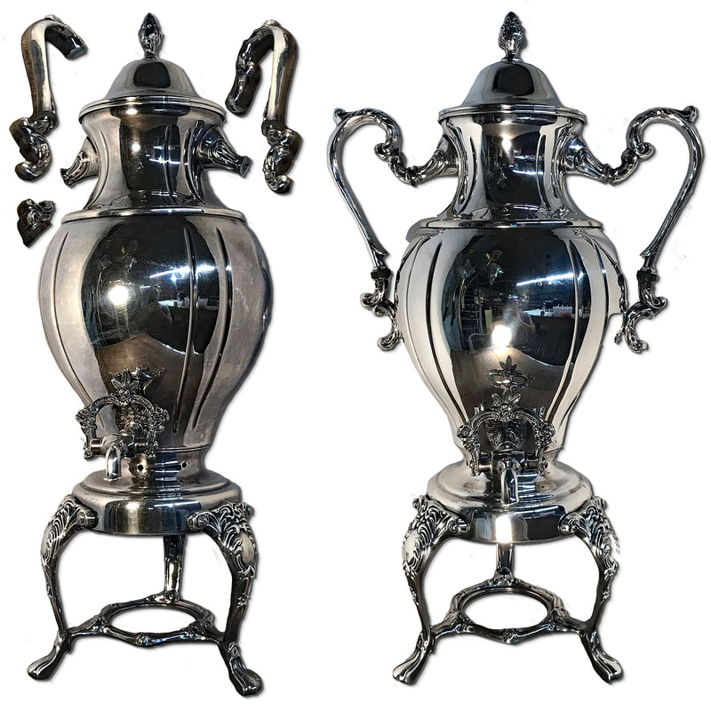 Immerse yourself in the splendor of this large silver-plated coffee urn, lovingly restored by Chelsea Plating Company. Witness the remarkable transformation as the skilled craftsmen repaired the once-damaged urn, restoring its beauty and functionality. Chelsea Plating Company's expertise in silver repairs and silver-plating shines through, as they have meticulously rejuvenated the surface, infusing it with a lustrous silver finish. Experience the majesty of this grand coffee urn, brought back to life by the dedicated artisans at Chelsea Plating Company.