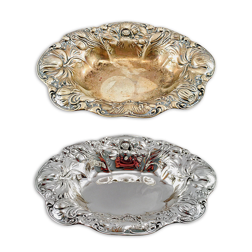  Experience the remarkable restoration of an antique sterling silver bowl by Chelsea Plating Company, renowned for their expertise in antique silver restoration. This intricately designed sterling silver bowl, showcasing stunning craftsmanship and meticulous attention to detail, has been expertly restored to its original splendor. Through careful cleaning, polishing, and refinishing, Chelsea Plating Company has revived the luster and beauty of this antique silver bowl. The captivating brilliance of the polished sterling silver surface now radiates with timeless elegance, a testament to the artistry and skill of Chelsea Plating Company's restoration specialists.