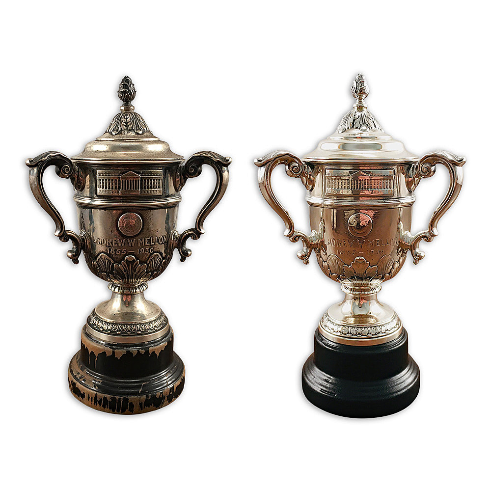 Step into the past with this restored antique sterling silver trophy, carefully revived by Chelsea Plating Company. Through their specialized trophy repair services, Chelsea Plating Company has breathed new life into this remarkable piece, restoring its grandeur and significance. With meticulous attention to detail, every dent, scratch, and imperfection has been expertly repaired, preserving the trophy's historical value. Experience the weight and craftsmanship of this sterling silver trophy, a testament to Chelsea Plating Company's commitment to trophy restoration. Embrace the pride and legacy encapsulated within this restored masterpiece.