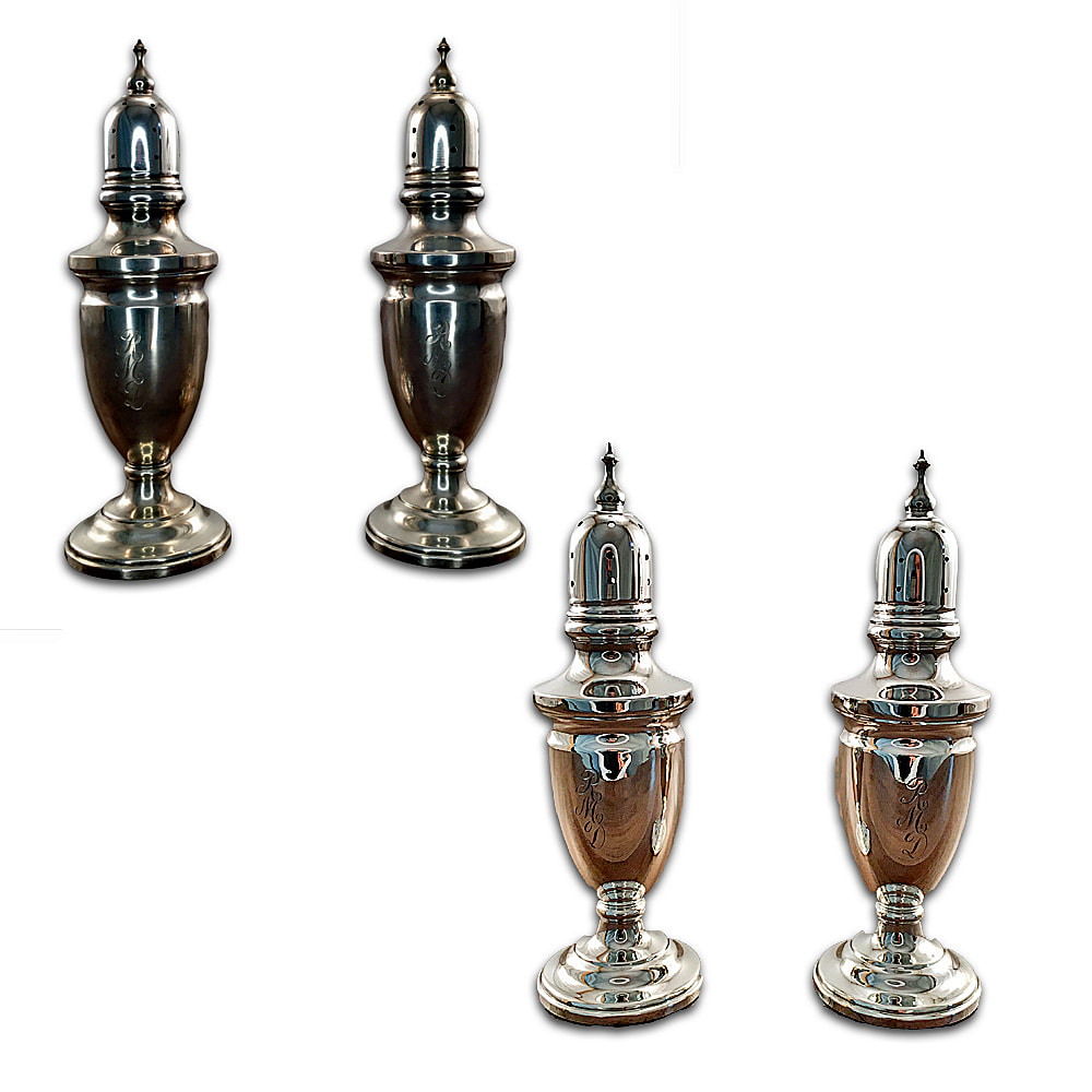  Immaculately restored pair of antique sterling silver salt and pepper sets by Chelsea Plating Company. Discover the elegance and charm of these beautiful estate silver pieces, now revived to shine with renewed brilliance. Experience the expertise of Philadelphia's renowned restoration workshop, dedicated to the meticulous cleaning, polishing, and preservation of cherished silver heirlooms since 1948.