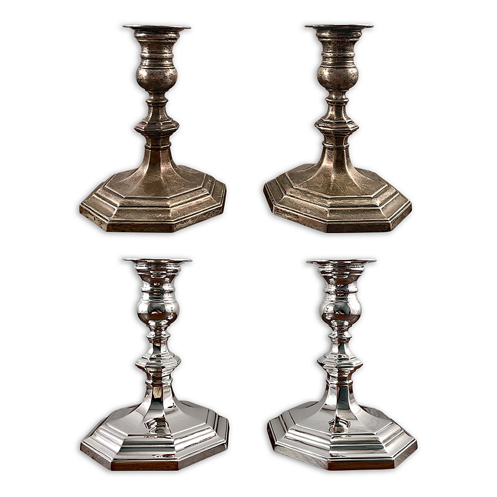 Pair of antique sterling silver candlesticks cleaned and polished by Chelsea Plating Company, the esteemed restoration workshop founded in 1948. These exquisite candlesticks exemplify the artistry of sterling silver restoration, radiating timeless beauty and unmatched craftsmanship. Experience our silver cleaning and polishing services to revive the brilliance of your treasured heirlooms. Trust Chelsea Plating Company for expert sterling silver repair, antique silver plating, and silver dipping expertise.