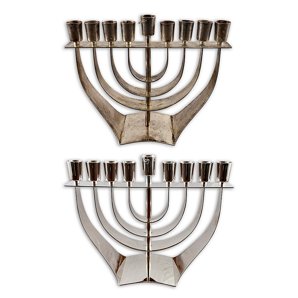 Chelsea Plating Company's unparalleled expertise shines through in the restoration of this sterling silver mid-century modern menorah. With a reinvigorated gleam, this iconic religious artifact stands as a testament to the preservation of history and faith through the art of restoration.
