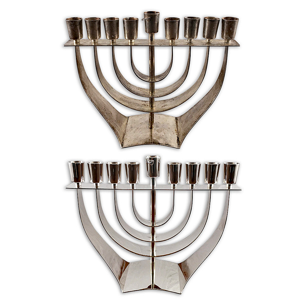  Impeccable restoration of a mid-century modern sterling silver menorah by Chelsea Plating Company. Admire the sleek design and masterful craftsmanship of this stunning Judaica piece, expertly revived to its former glory. Rely on Chelsea Plating Company's specialized Judaica restoration services to preserve and enhance the beauty of your cherished sterling silver menorah and other Judaica treasures.