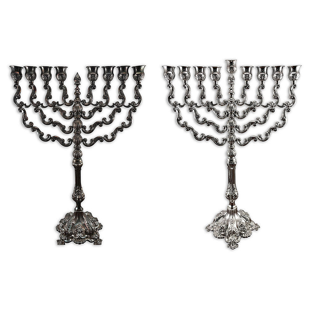 Sterling silver menorah, historically significant and intricately detailed, restored to original luster by Chelsea Plating Company, showcasing their expertise in sterling silver restoration.