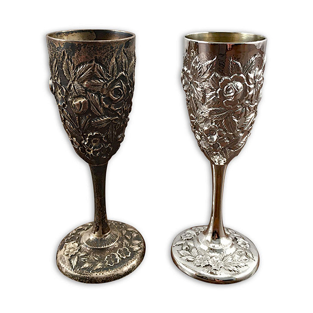Exquisite restoration of an ornate sterling silver wine cup by Chelsea Plating Company. Appreciate the meticulous attention to detail and masterful craftsmanship that brings this captivating piece back to life. Trust in Philadelphia's esteemed restoration workshop for sterling silver restoration, antique silver plating, silver cleaning, silver polishing, and silver dipping services.