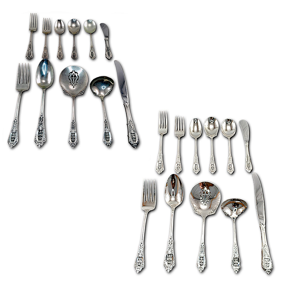 Antique Wallace sterling silver flatware set expertly restored by Chelsea Plating Company. Embrace the timeless allure of this meticulously restored silverware collection, exuding unrivaled craftsmanship and elegance. Our sterling silver flatware restoration services offer exceptional quality and attention to detail. Trust Chelsea Plating Company for sterling silver repair, silver plating, polishing, and cleaning. Experience the art of preserving and reviving the beauty of your treasured silverware with our professional expertise.